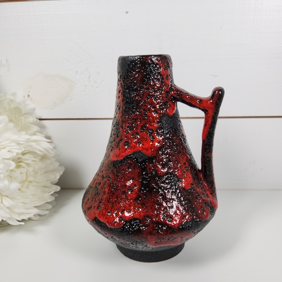 70s West Germany Fat Lava Vase 44-25 | Black & Red Handled Vase | Mid Century - Picture 2 of 12